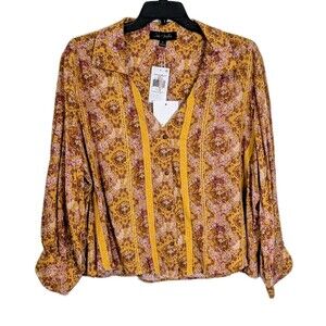 Oak & Trellis Boho Blouse Women’s Plus 2X NWT Mustard Floral Rayon Button Top